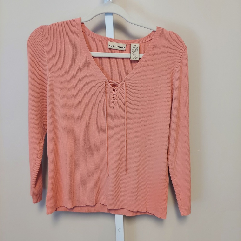 Apostrophe Ribbed Lace Up VNeck Sweater Peach Pink Long Sleeve M Coquette Ballet